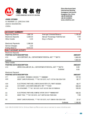 Download China Merchants bank statement excel Photoshop template